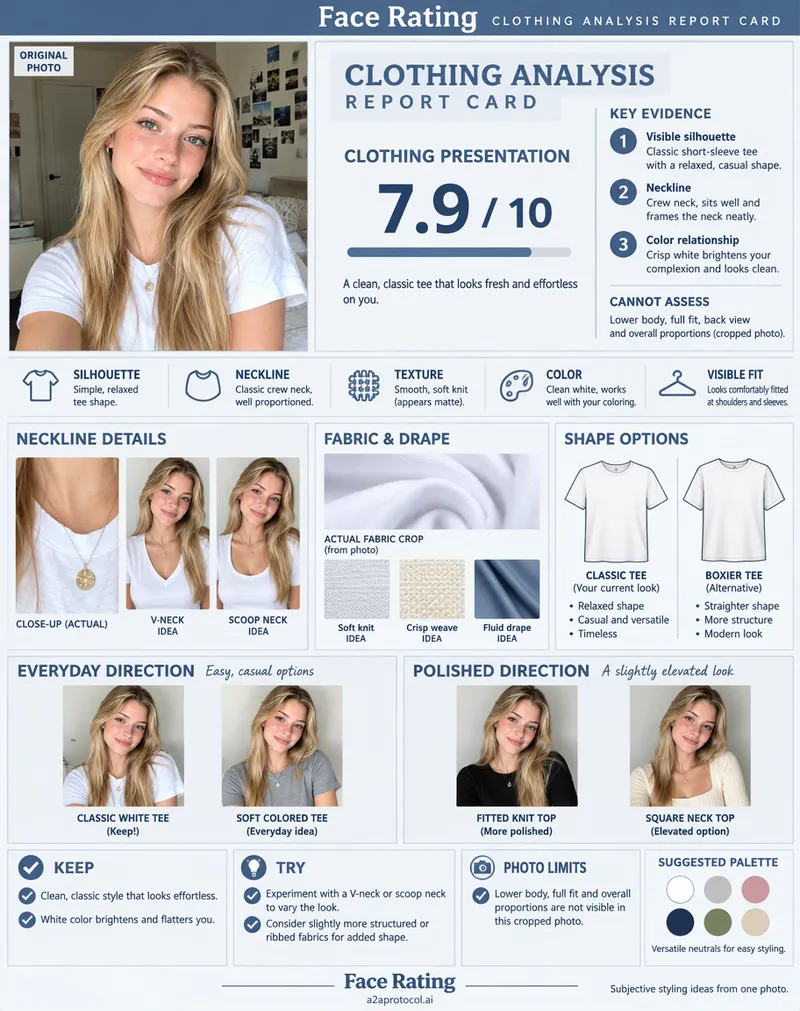 Clothing Analysis face rating sample with assessment scores and styling guidance