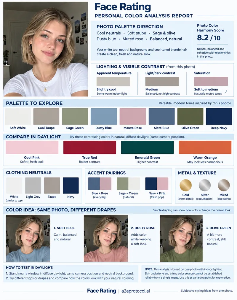 Color Analysis face rating sample with assessment scores and styling guidance