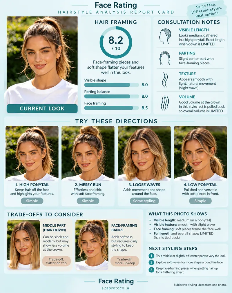 Hairstyle Analysis face rating sample with assessment scores and styling guidance