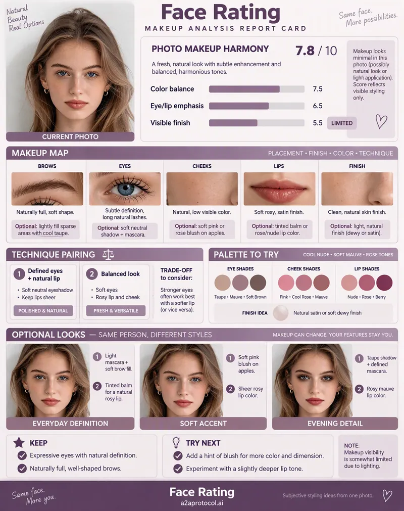 Makeup Analysis face rating sample with assessment scores and styling guidance
