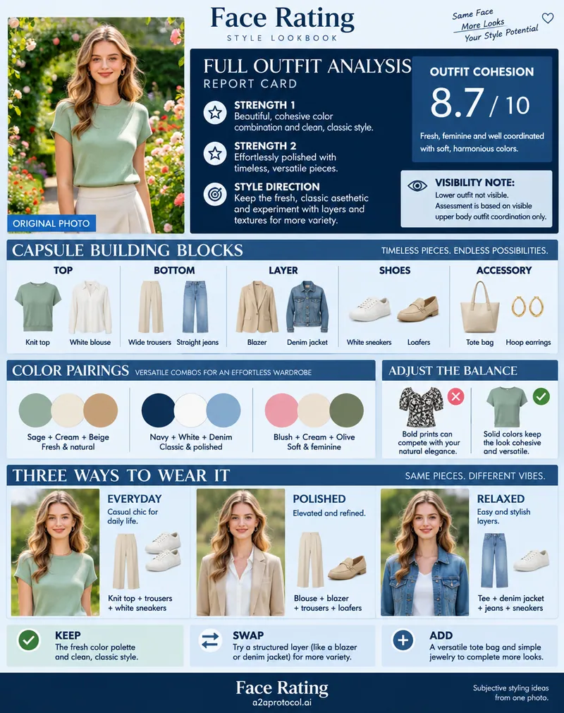 Full Outfit Board face rating sample with assessment scores and styling guidance