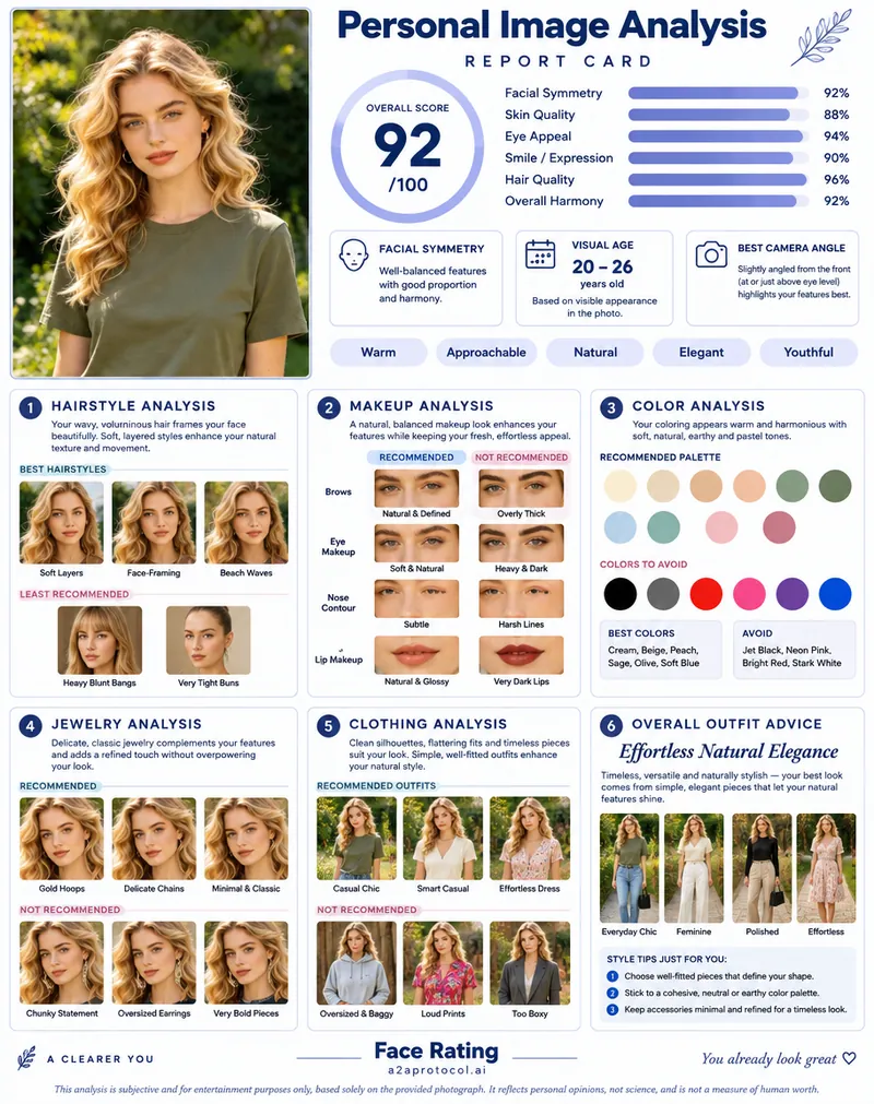 Overall Report face rating sample with assessment scores and styling guidance