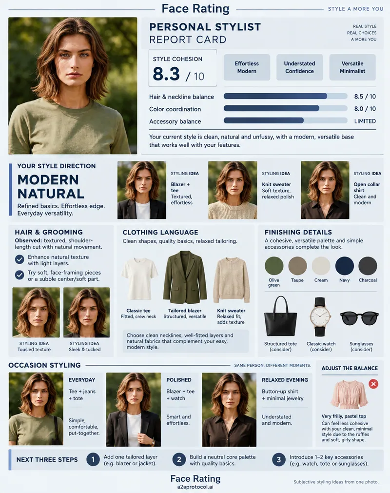 Personal Stylist face rating sample with assessment scores and styling guidance
